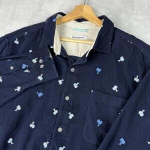 Tommy Bahama Corduroy Shirt Navy Palm Print Button Up Mens XL Tropical Resort